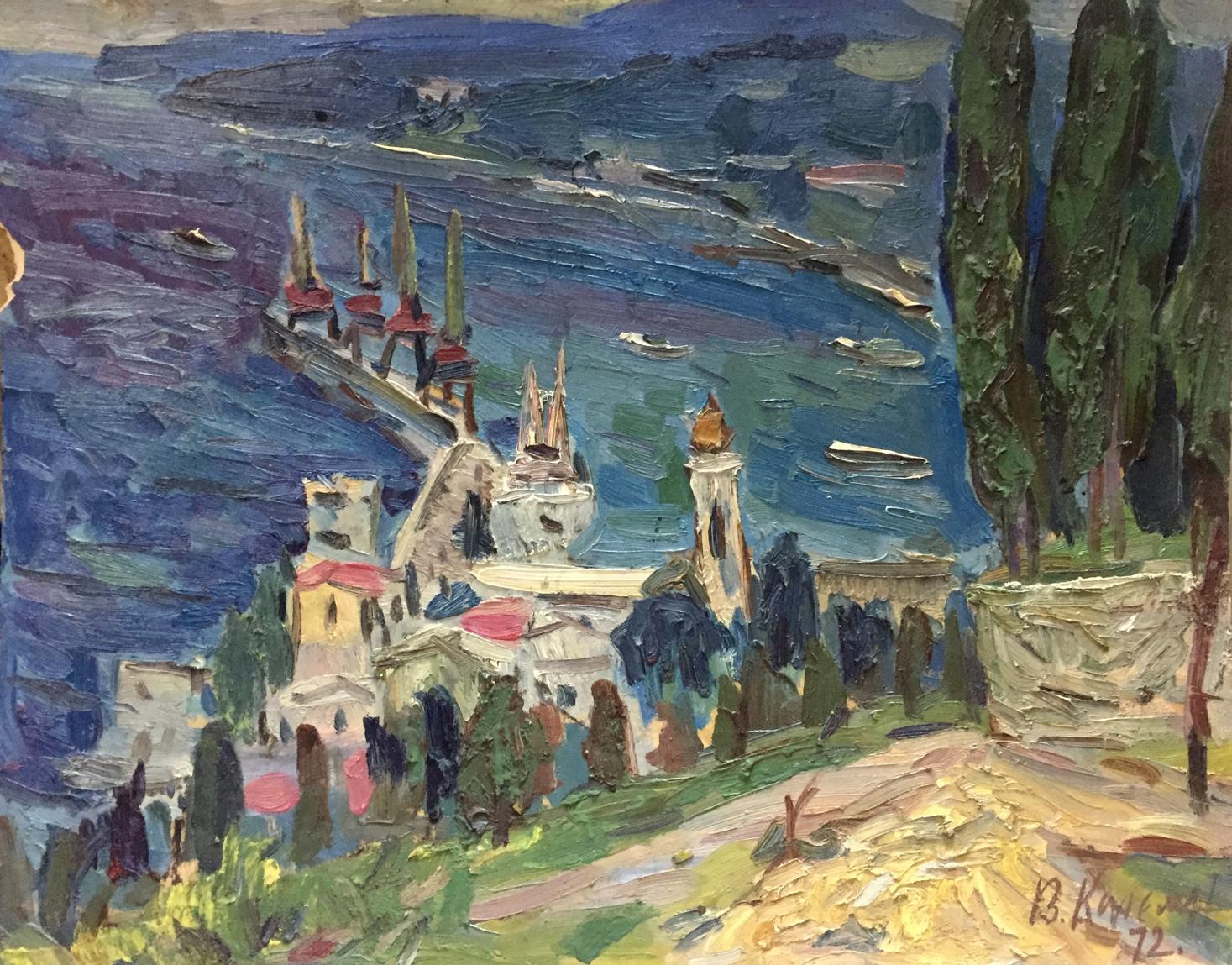 Vibrant impressionist oil painting by Karelin Vyacheslav Dmitrievich of coastal town