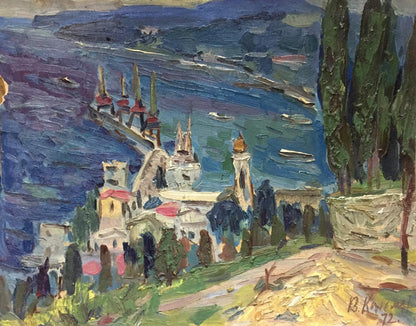 Vibrant impressionist oil painting by Karelin Vyacheslav Dmitrievich of coastal town