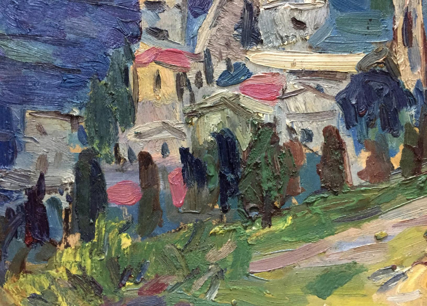 Vibrant impressionist oil painting of coastal village by Karelin Vyacheslav Dmitrievich