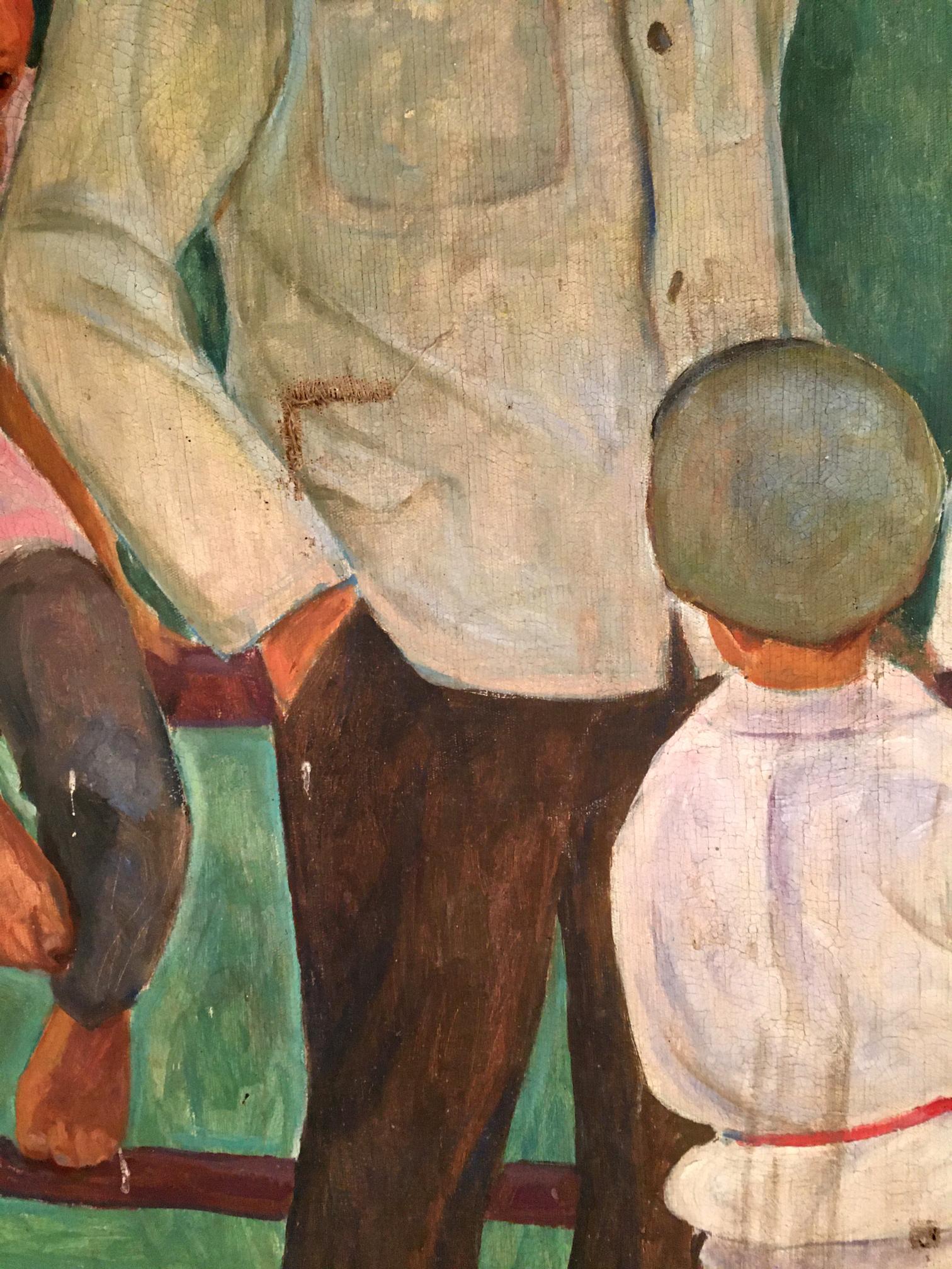 Oil painting portrait of Lenin with boy in white shirt, red belt, gray hat by Muravyov A. S