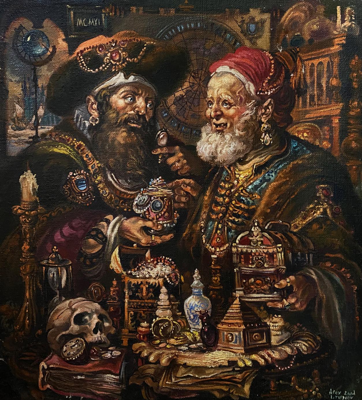 Oil painting by Alexander Arkadievich Litvinov of two historical figures in ornate room