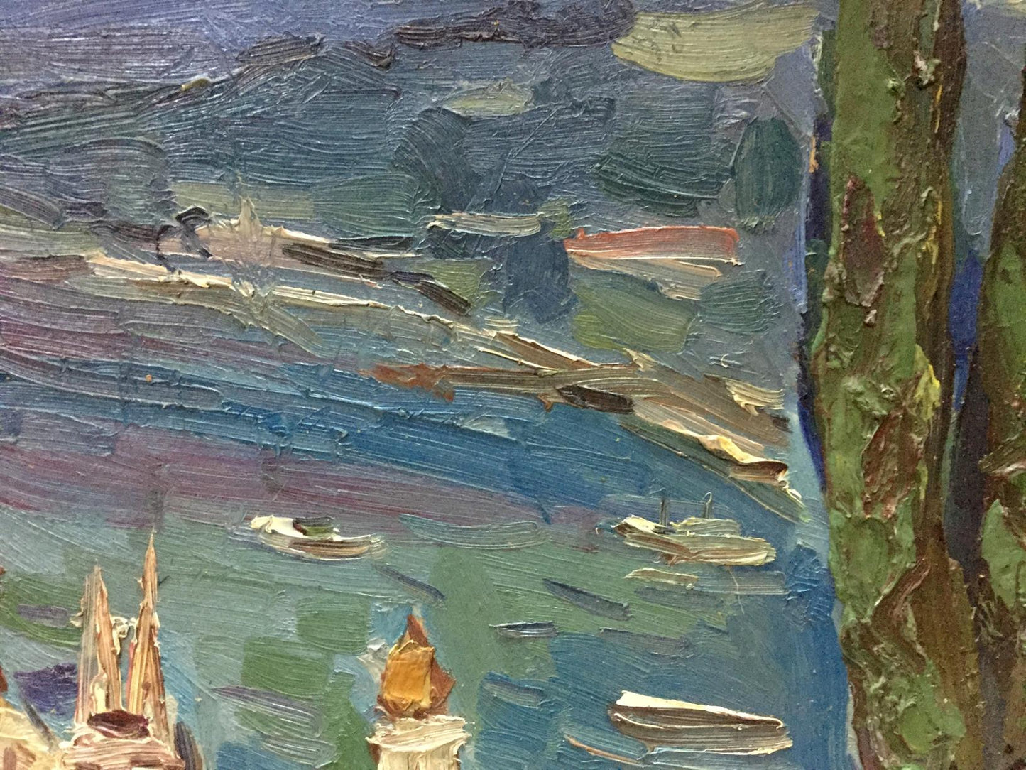 Oil painting Off the Coast by Karelin Vyacheslav Dmitrievich, coastal boats scene