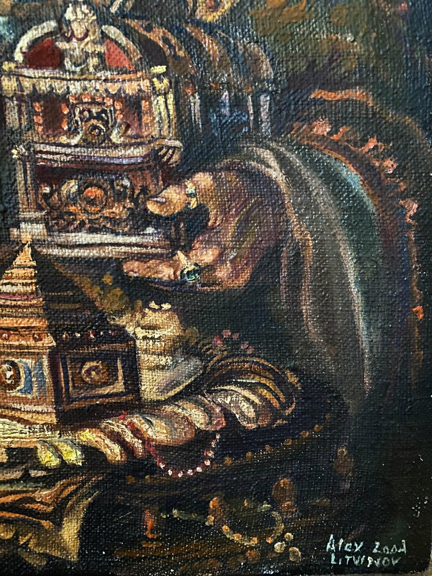 Oil painting by Alexander Arkadievich Litvinov of regal figure on throne