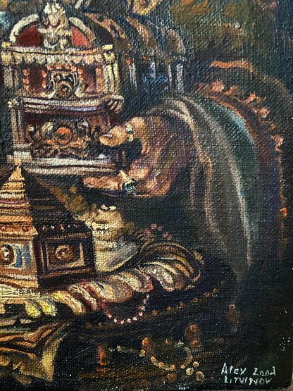 Oil painting by Alexander Arkadievich Litvinov of regal figure on throne