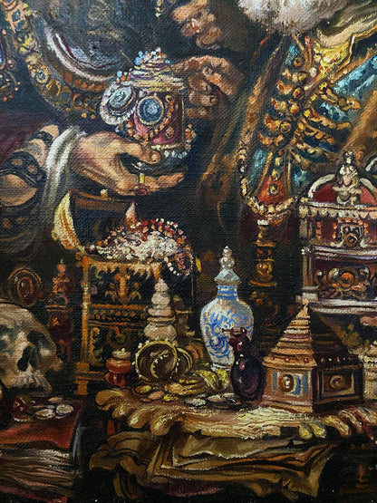 Oil painting by Alexander Arkadievich Litvinov of hand holding ornate jeweled cup