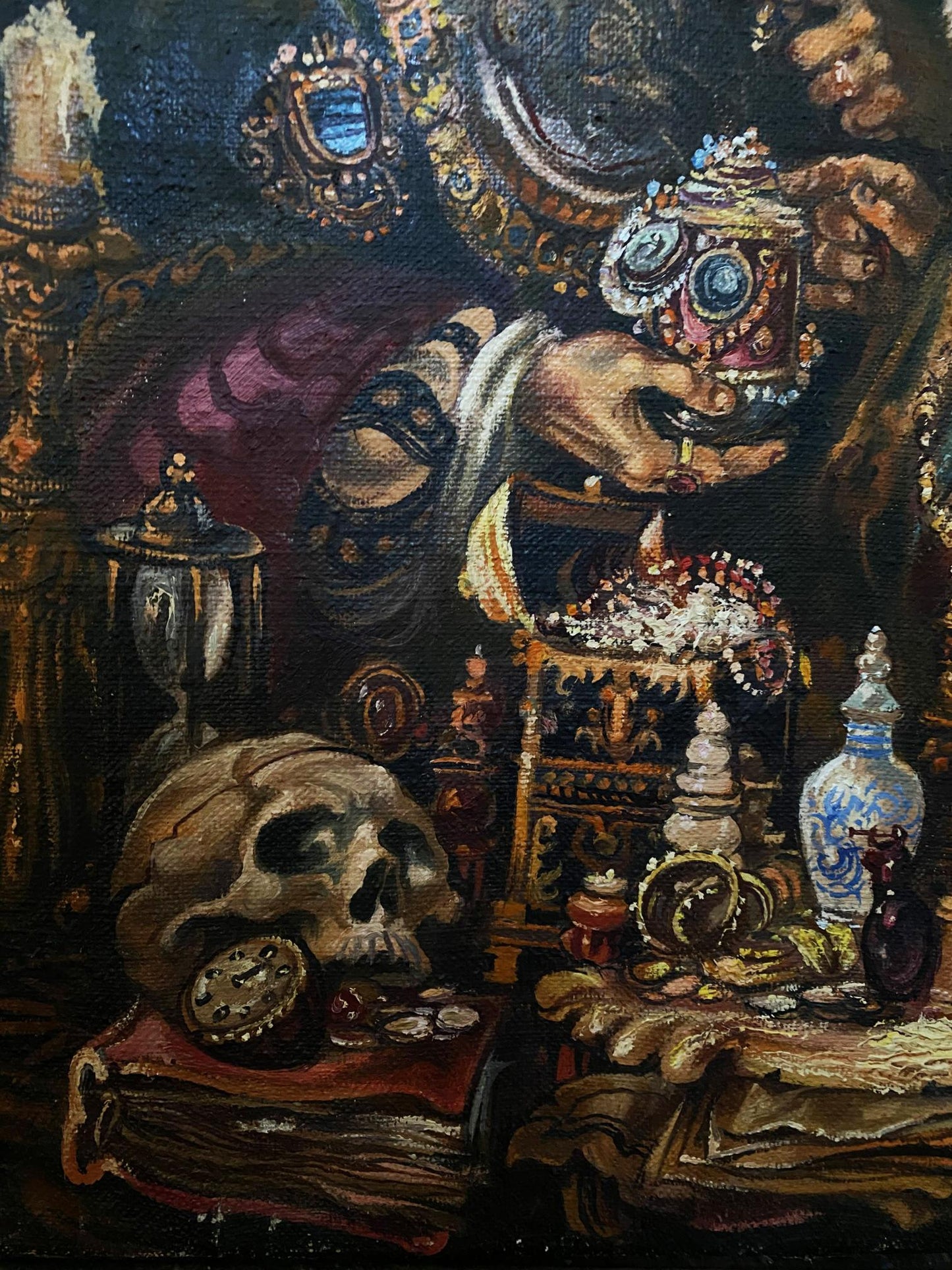Ornate skull with clock face on book, oil painting by Alexander Arkadievich Litvinov