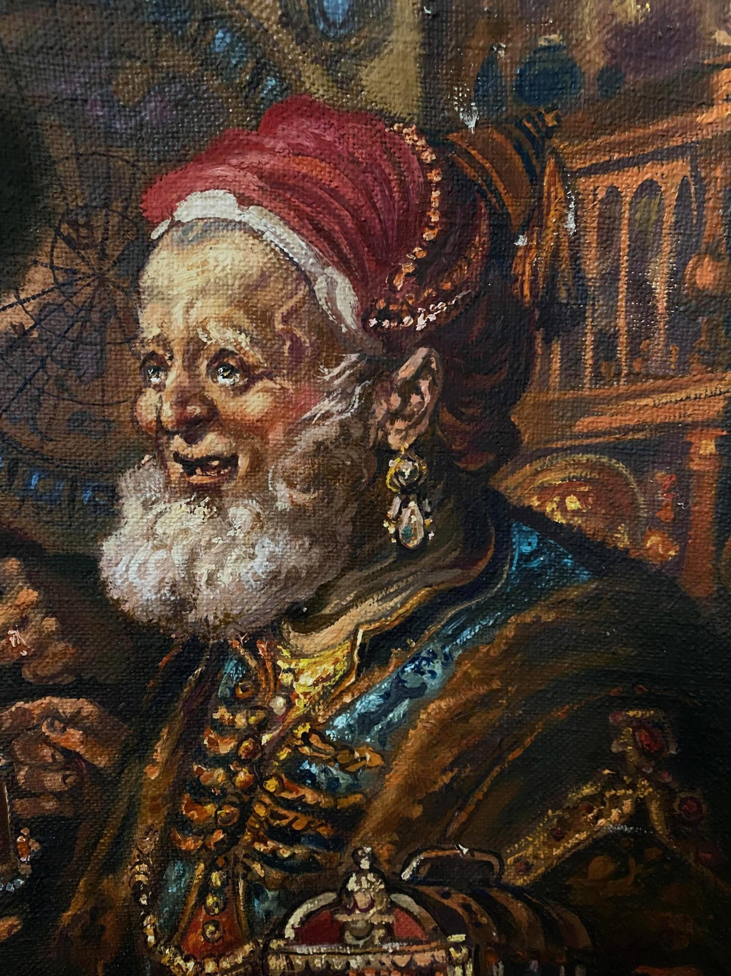 Oil painting of richly adorned elderly man in red turban by Litvinov
