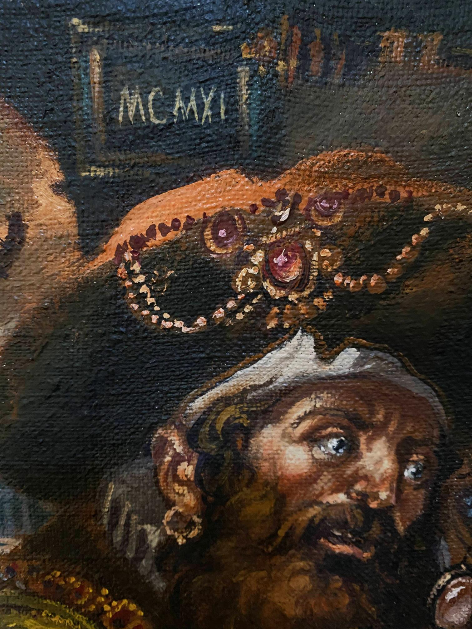 Oil painting of gold jeweled crown with red gems by Alexander Arkadievich Litvinov