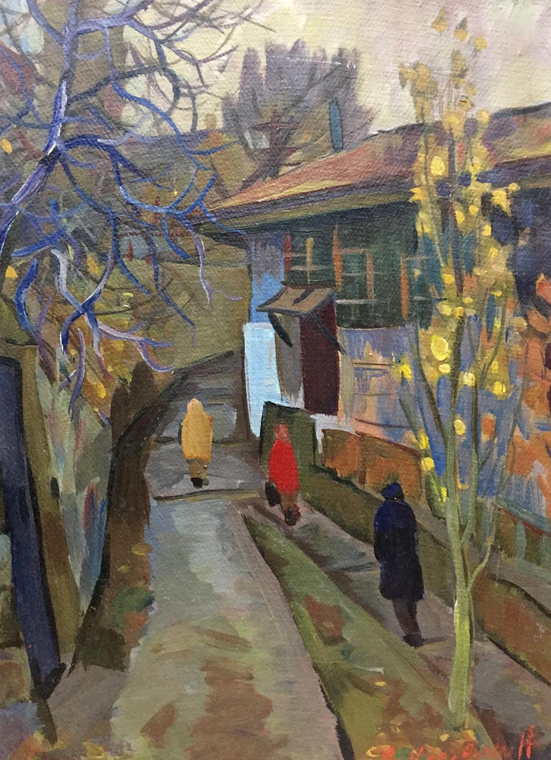 Vibrant impressionist oil painting by Karelin Vyacheslav Dmitrievich of city alley