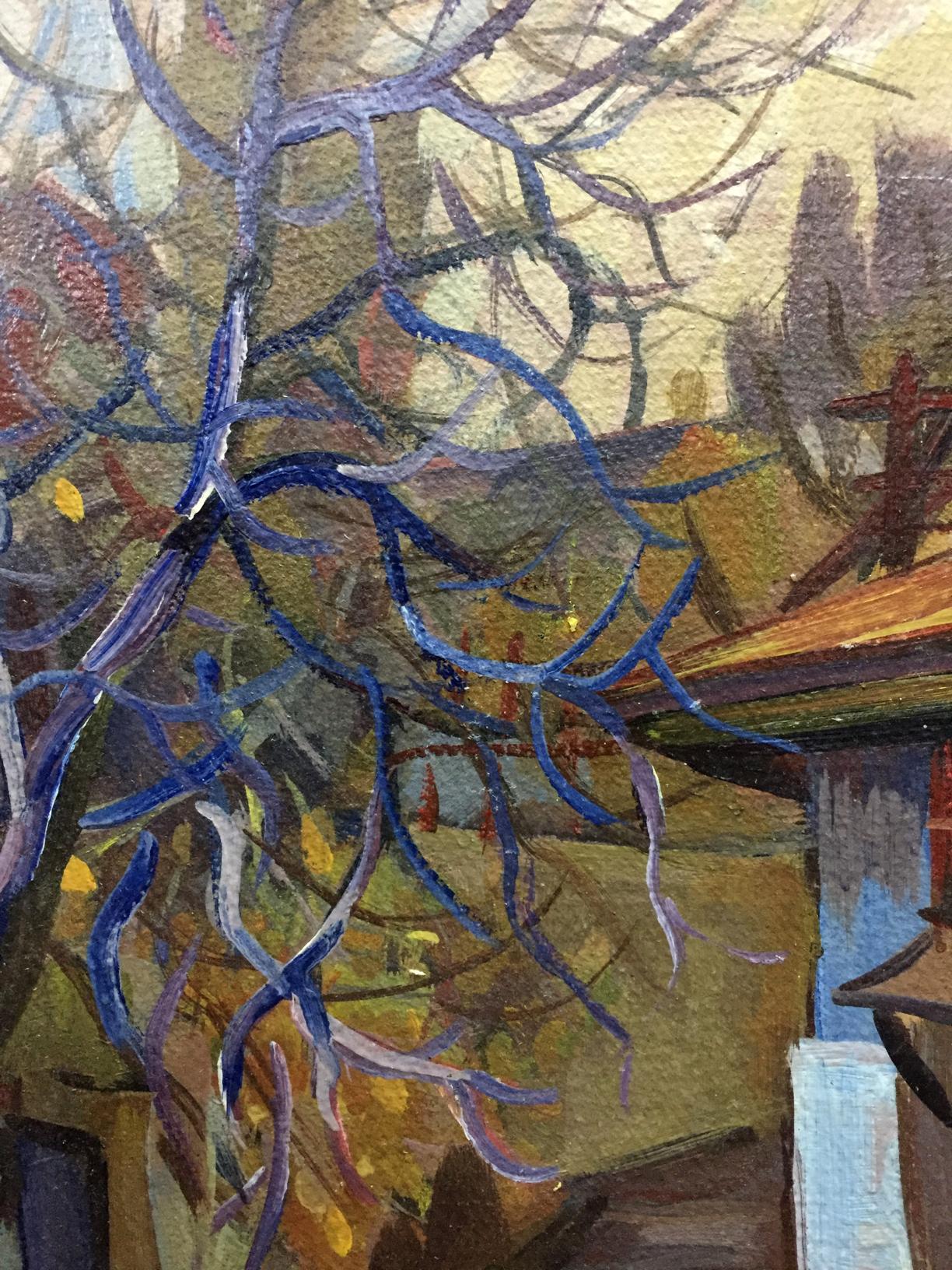 Oil painting of bare tree branches in blue-purple hues by Karelin Vyacheslav Dmitrievich