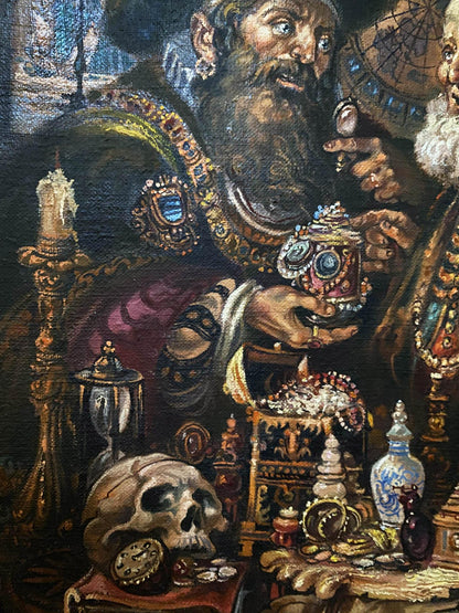 Oil painting of ornate silver gold-rimmed enamel vessel by Litvinov