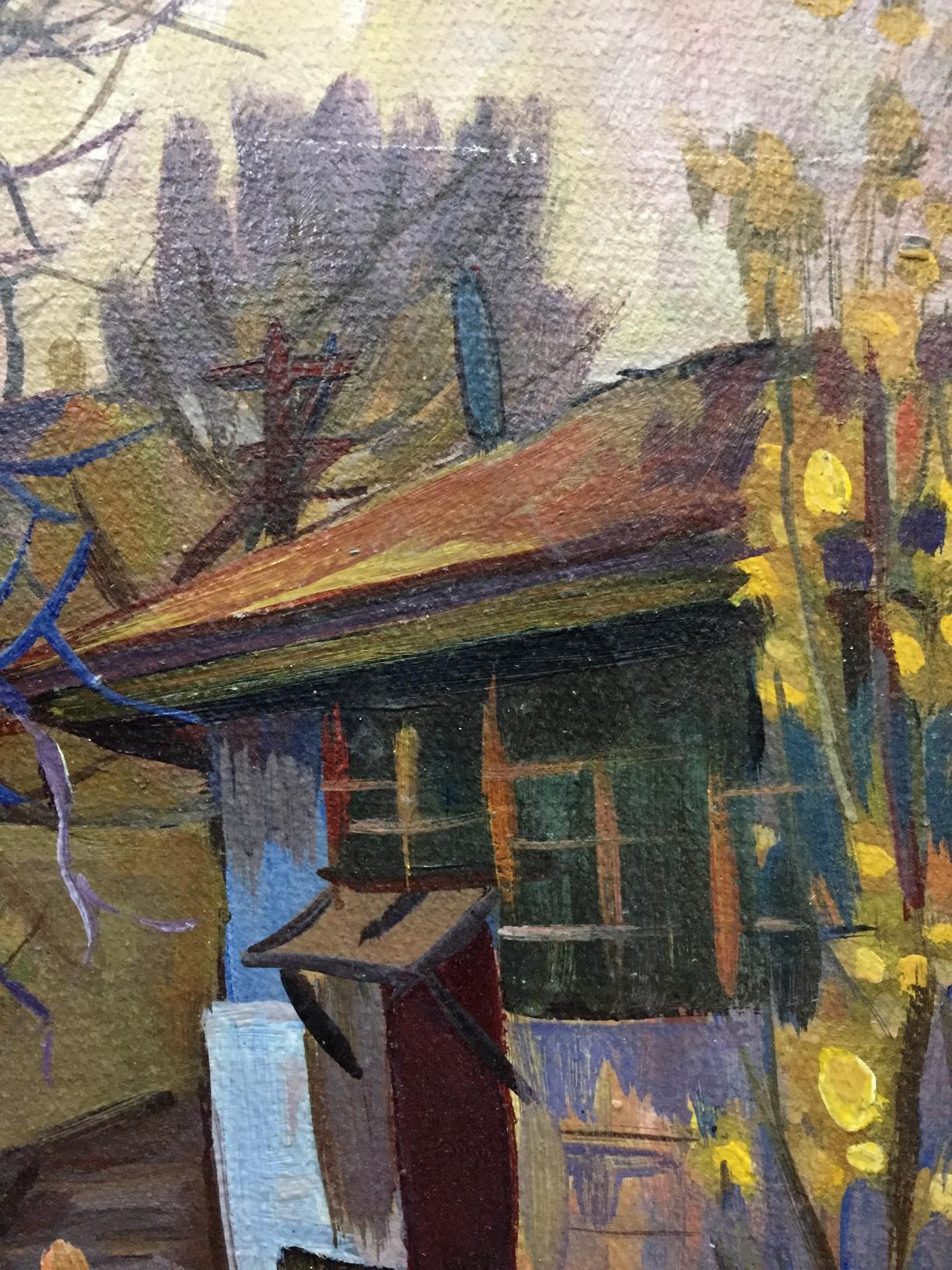 Oil painting of city streets by Karelin Vyacheslav Dmitrievich, textured house with reddish-brown roof and dark green walls