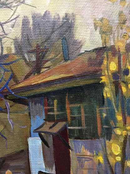 Oil painting of city streets by Karelin Vyacheslav Dmitrievich, textured house with reddish-brown roof and dark green walls