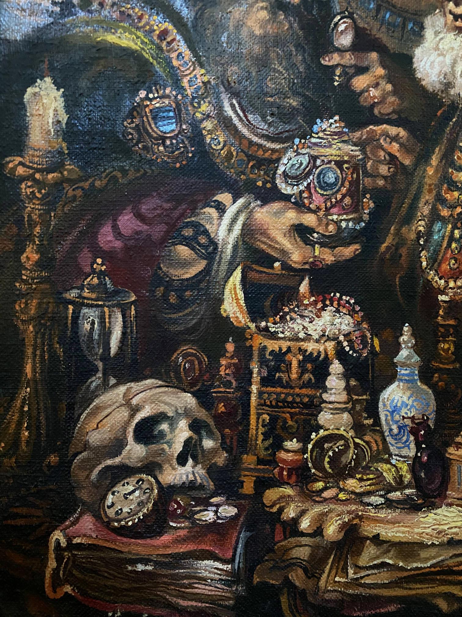 Oil painting of ornate goblet with gold gemstone inlays by Litvinov