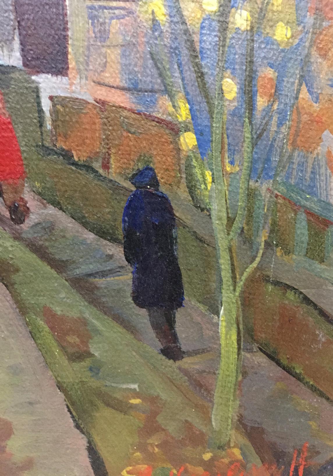 Oil painting by Karelin Vyacheslav Dmitrievich: person in dark blue coat on tree-lined city path