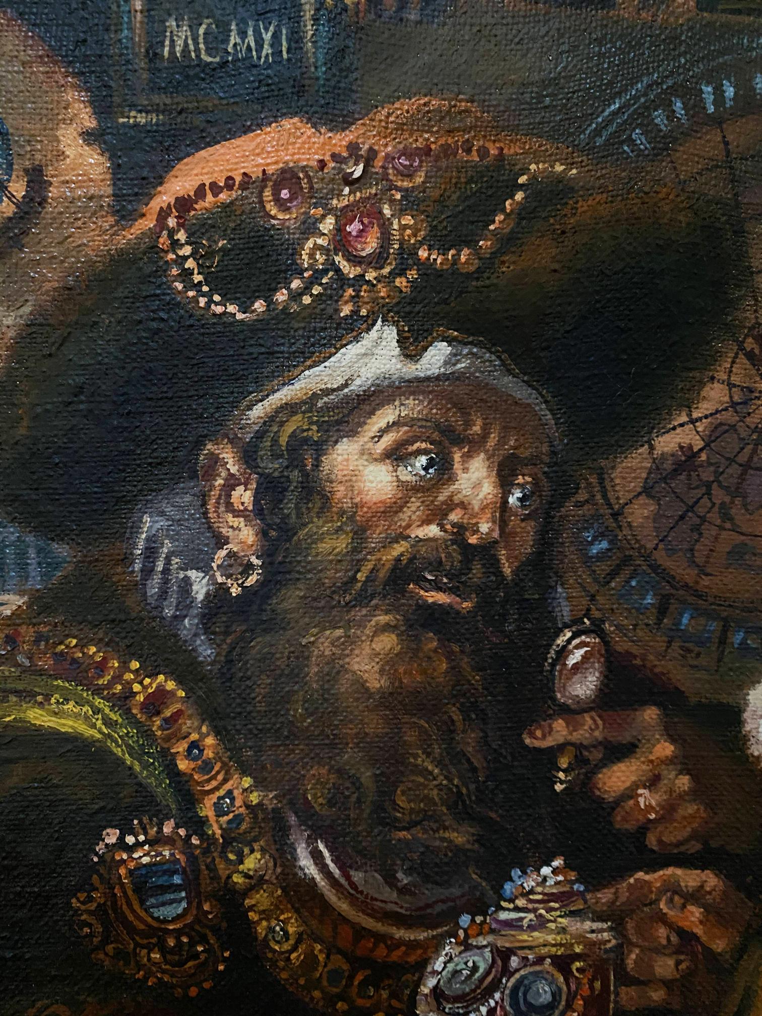 Oil painting of bearded man in jeweled hat by Alexander Arkadievich Litvinov