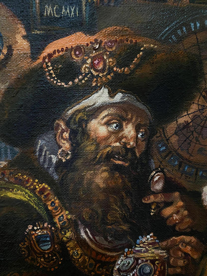 Oil painting of bearded man in jeweled hat by Alexander Arkadievich Litvinov
