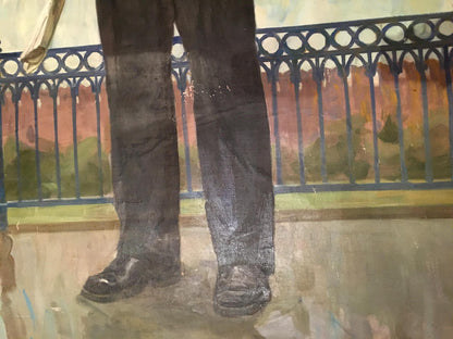 Oil painting portrait of Lenin Soroka Arkady Vasilievich in dark gray textured trousers by ornate blue railing