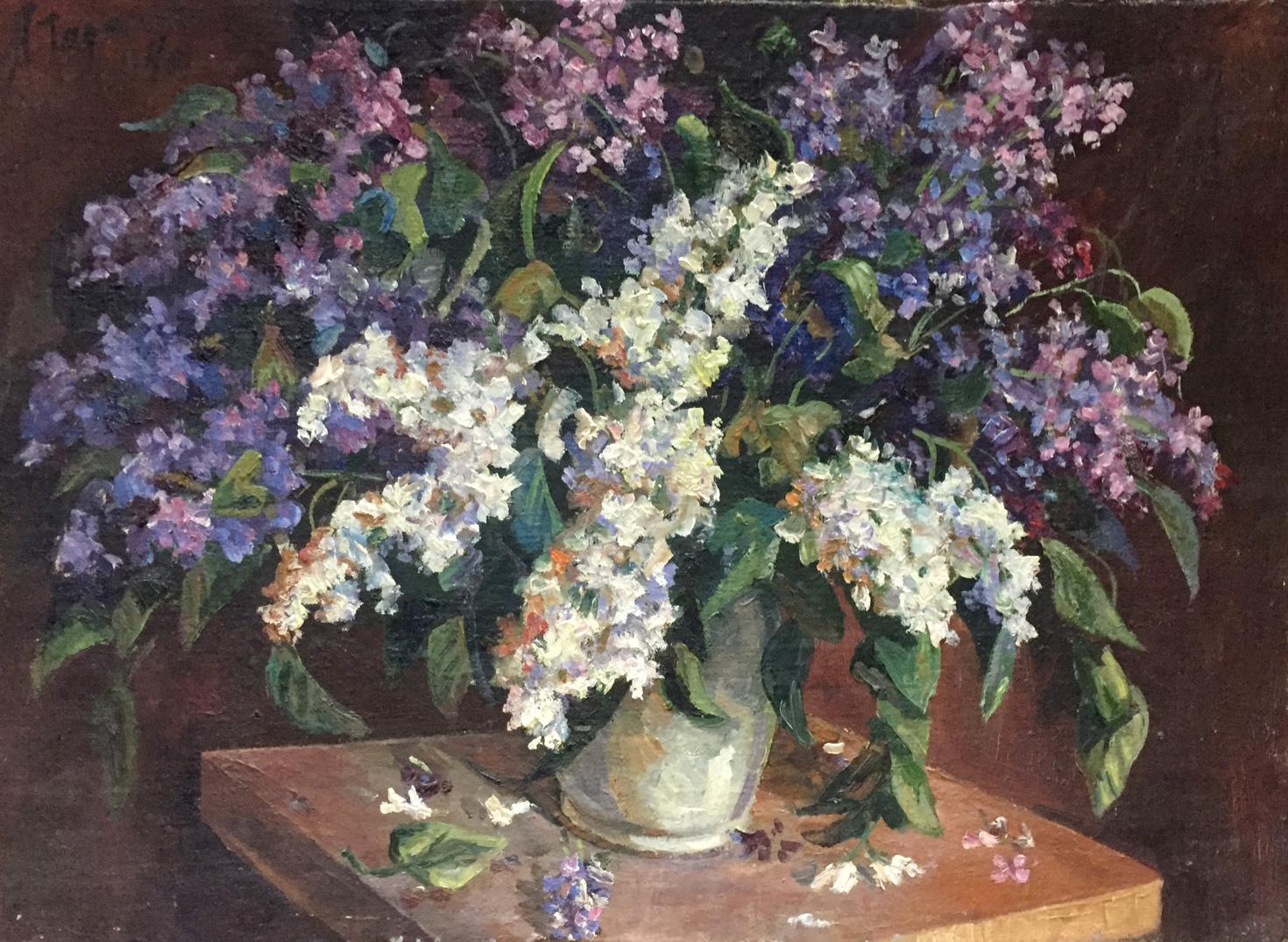 Oil painting of lush lilac blossoms in purple, white, lavender vase by Tarasenko Alexander Petrovich