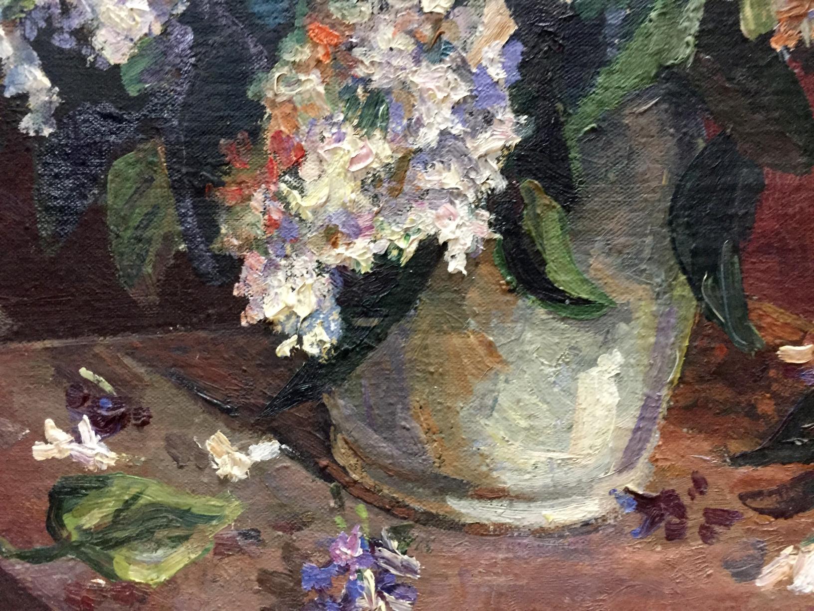 Oil painting by Tarasenko Alexander Petrovich: gray vase with white purple hydrangeas