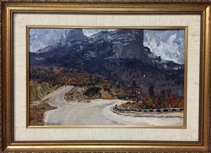 Oil painting The Mountains by Petr Kuzmich Stolyarenko in ornate gold frame