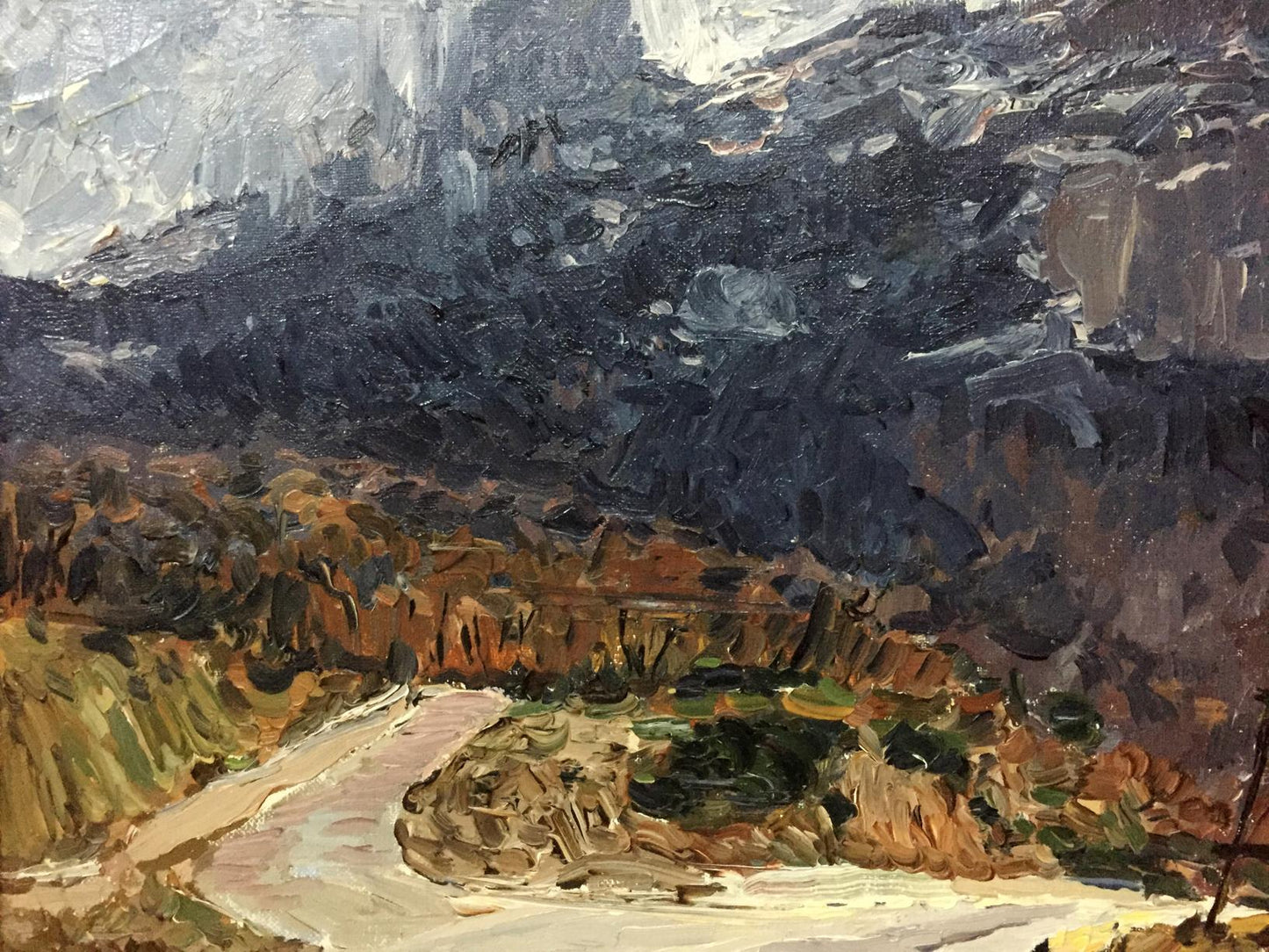 Oil painting The Mountains by Petr Kuzmich Stolyarenko textured autumn scene