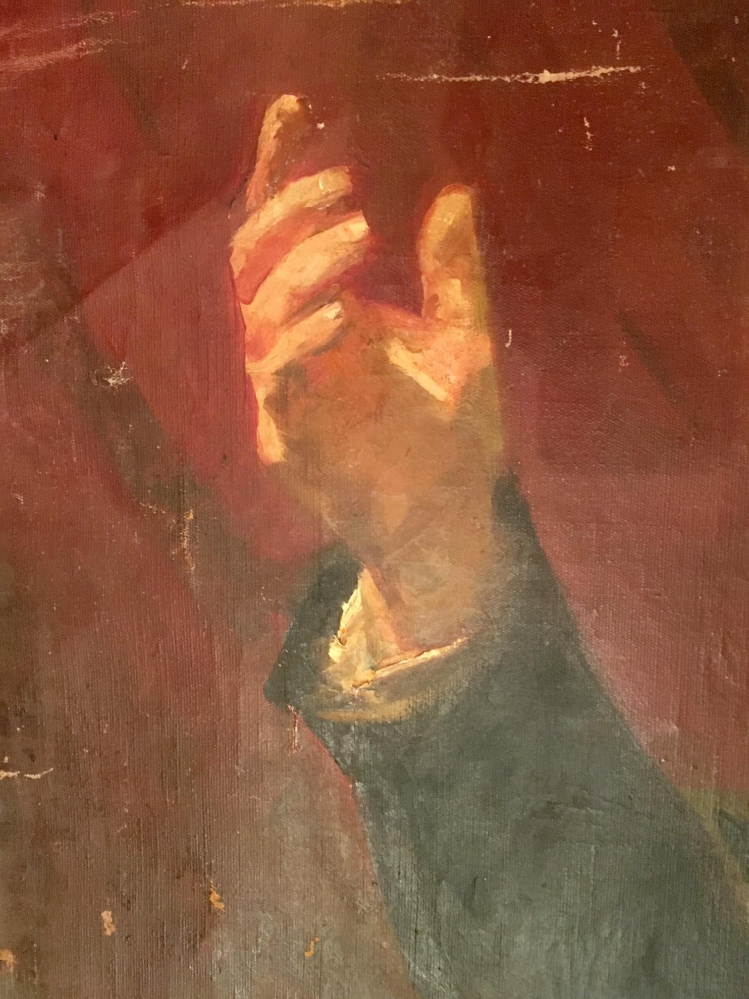 Oil painting portrait of Lenin Koshtelyanchuk with painted hand in dark green sleeve on red background