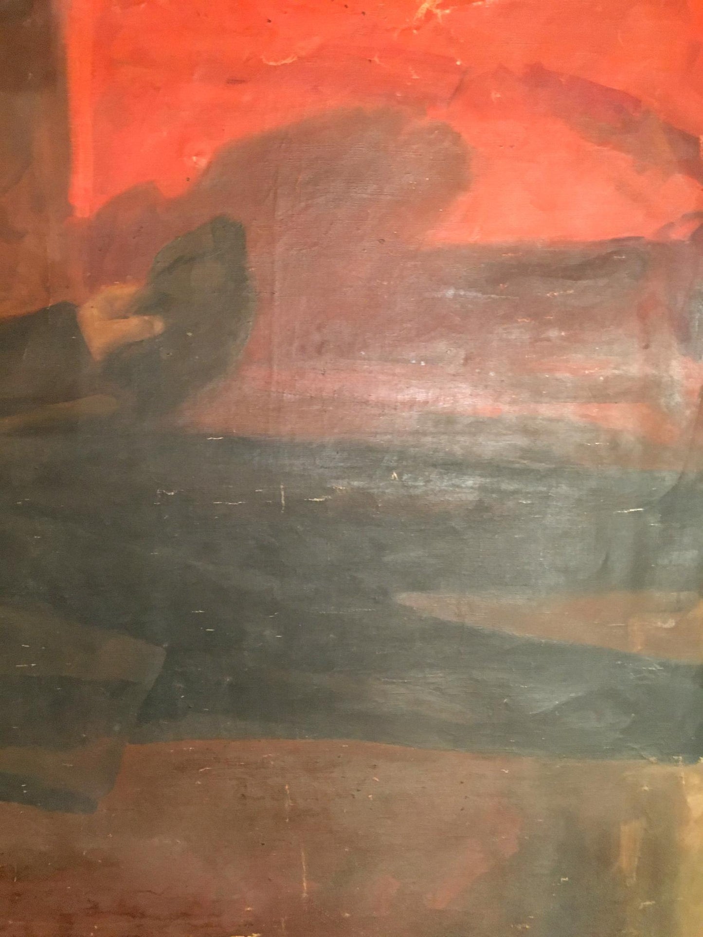 Abstract oil portrait of Lenin Koshtelyanchuk in red, green, earth tones