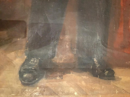 Oil painting portrait of Lenin Koshtelyanchuk in dark textured trousers and black shoes