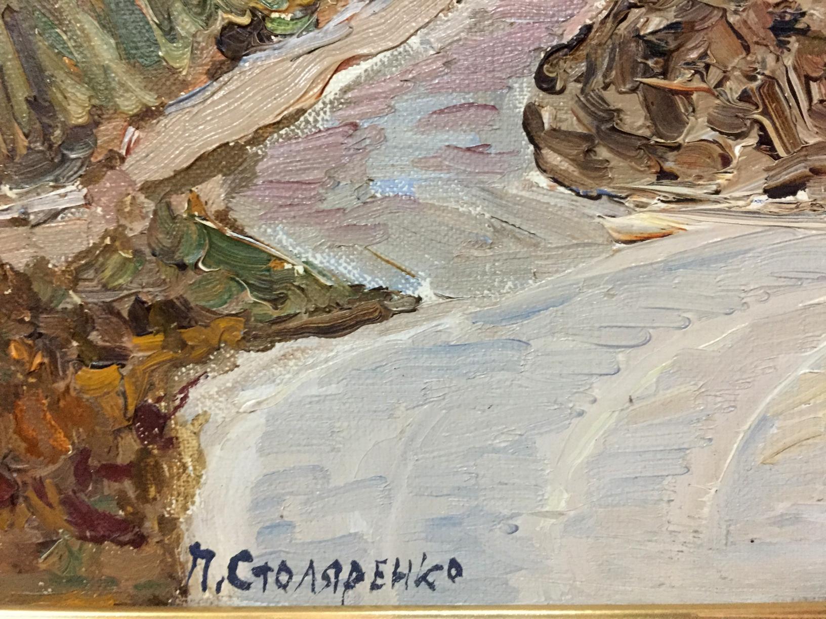 Textured oil painting of snowy mountains by Petr Kuzmich Stolyarenko