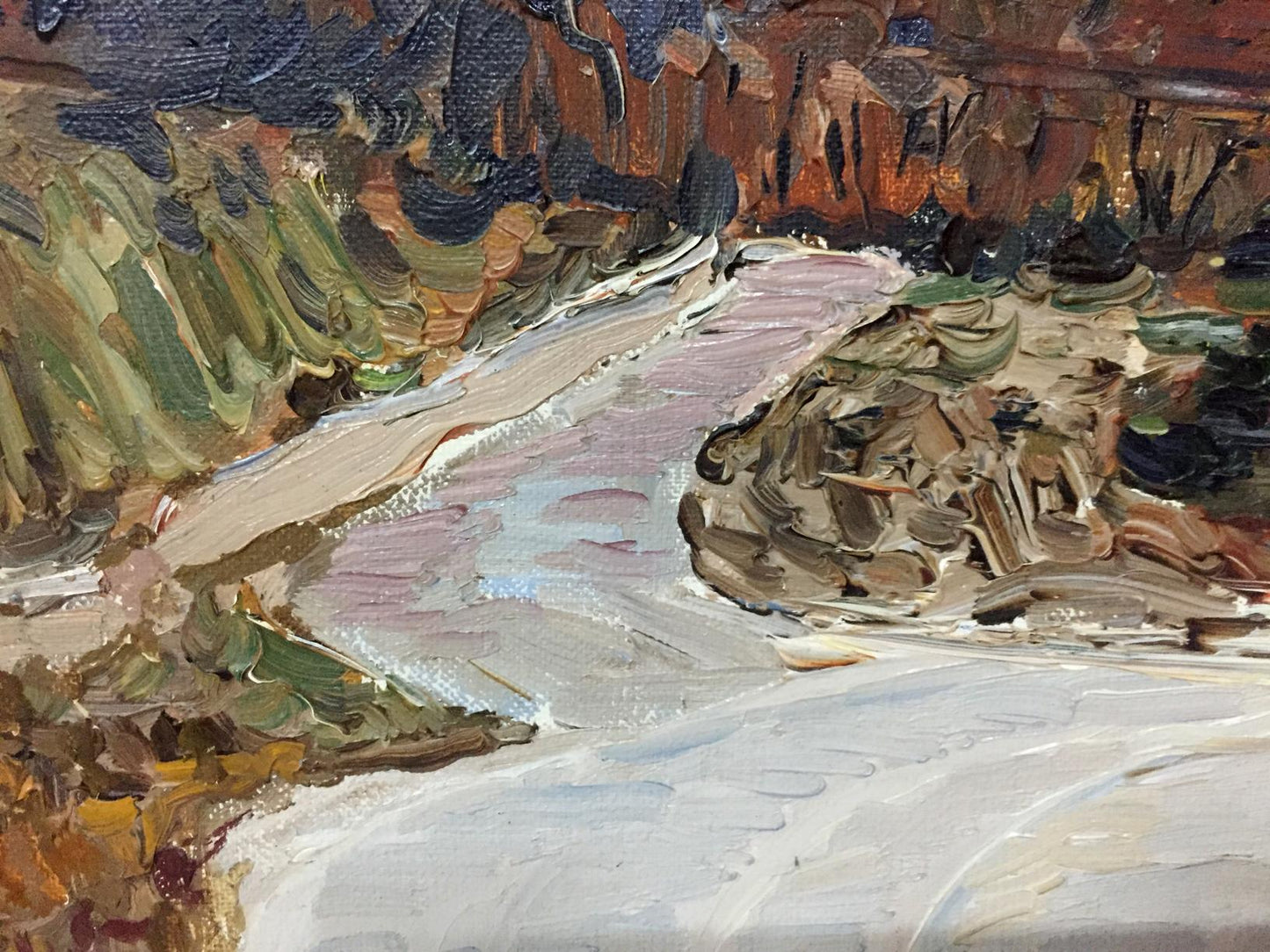 Oil painting The Mountains by Petr Kuzmich Stolyarenko, textured river scene