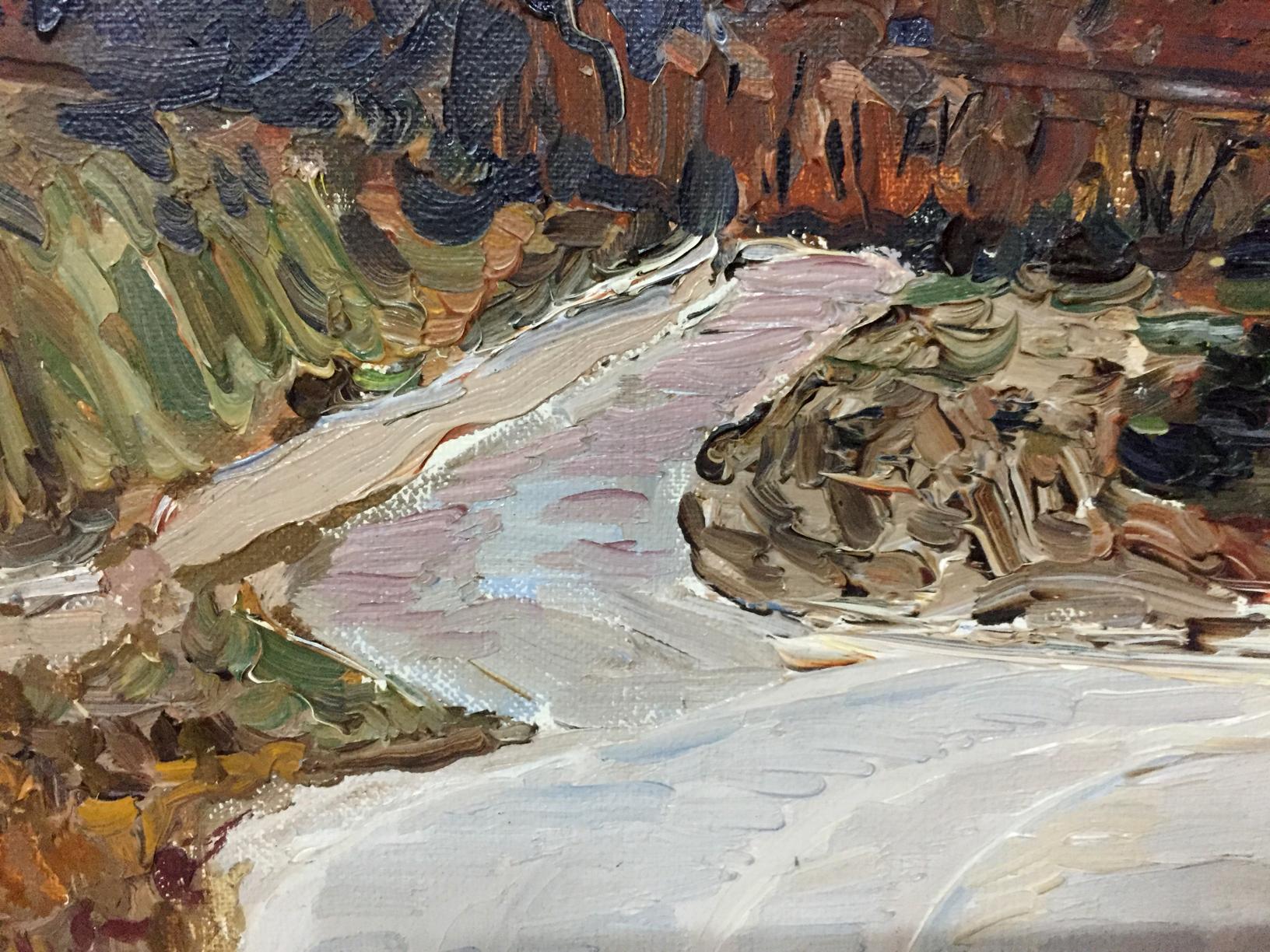 Oil painting The Mountains by Petr Kuzmich Stolyarenko, textured river scene