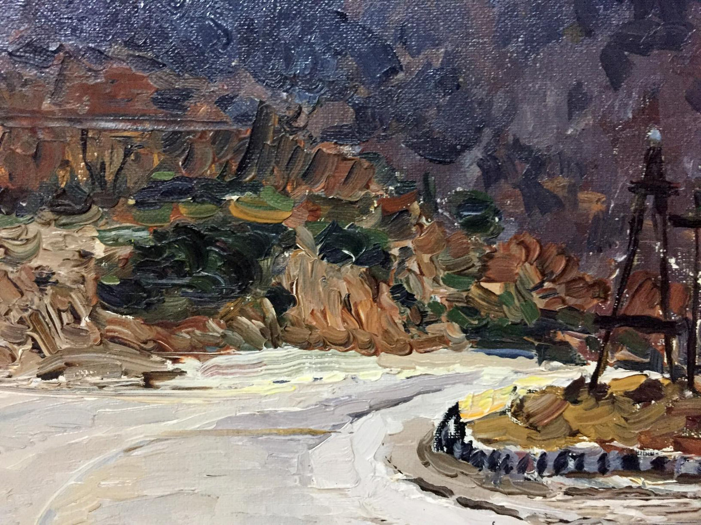Impressionistic oil painting of coastal mountains by Petr Kuzmich Stolyarenko