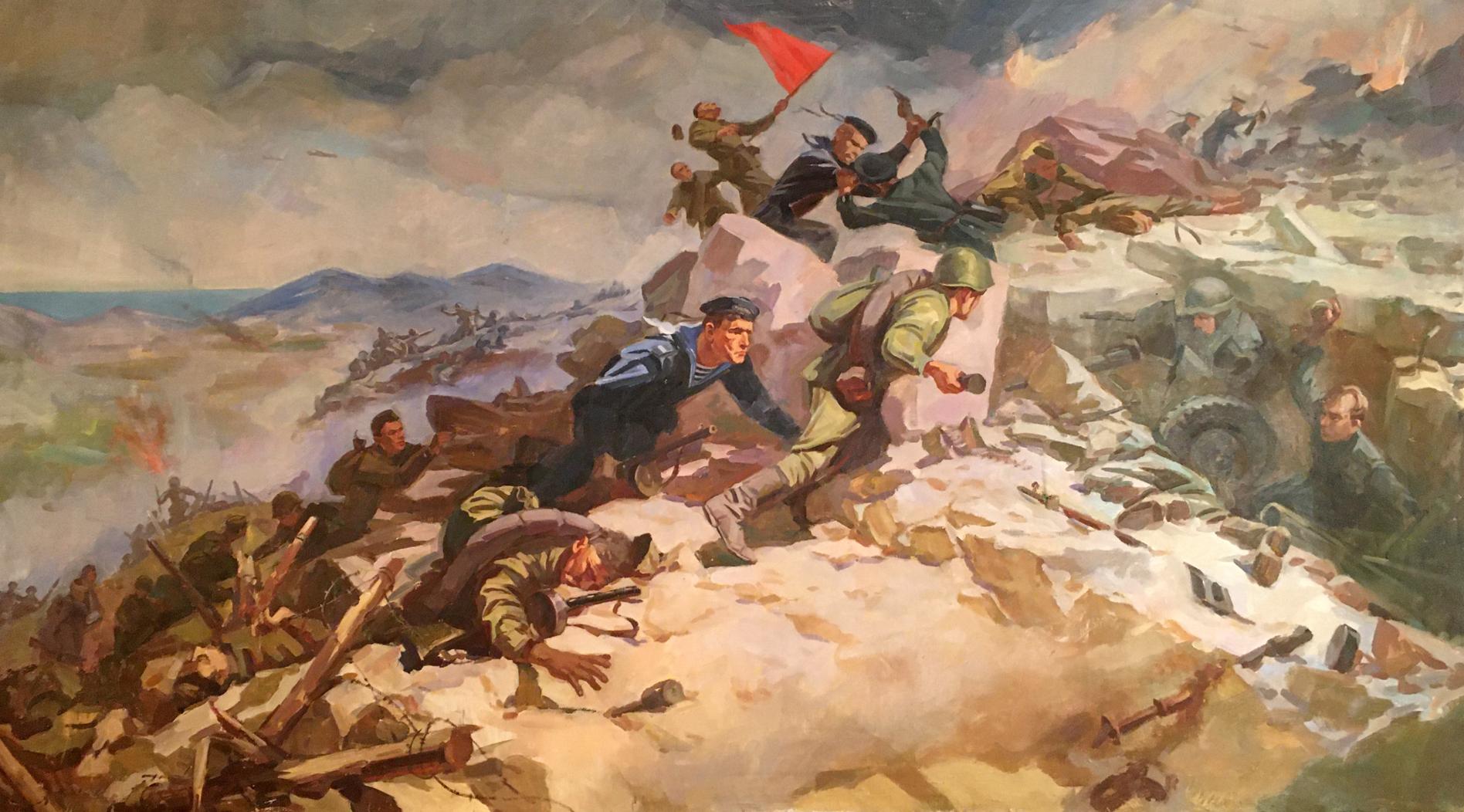 Oil painting by Strelov Arkady Efimovich: soldiers advance over rocky terrain