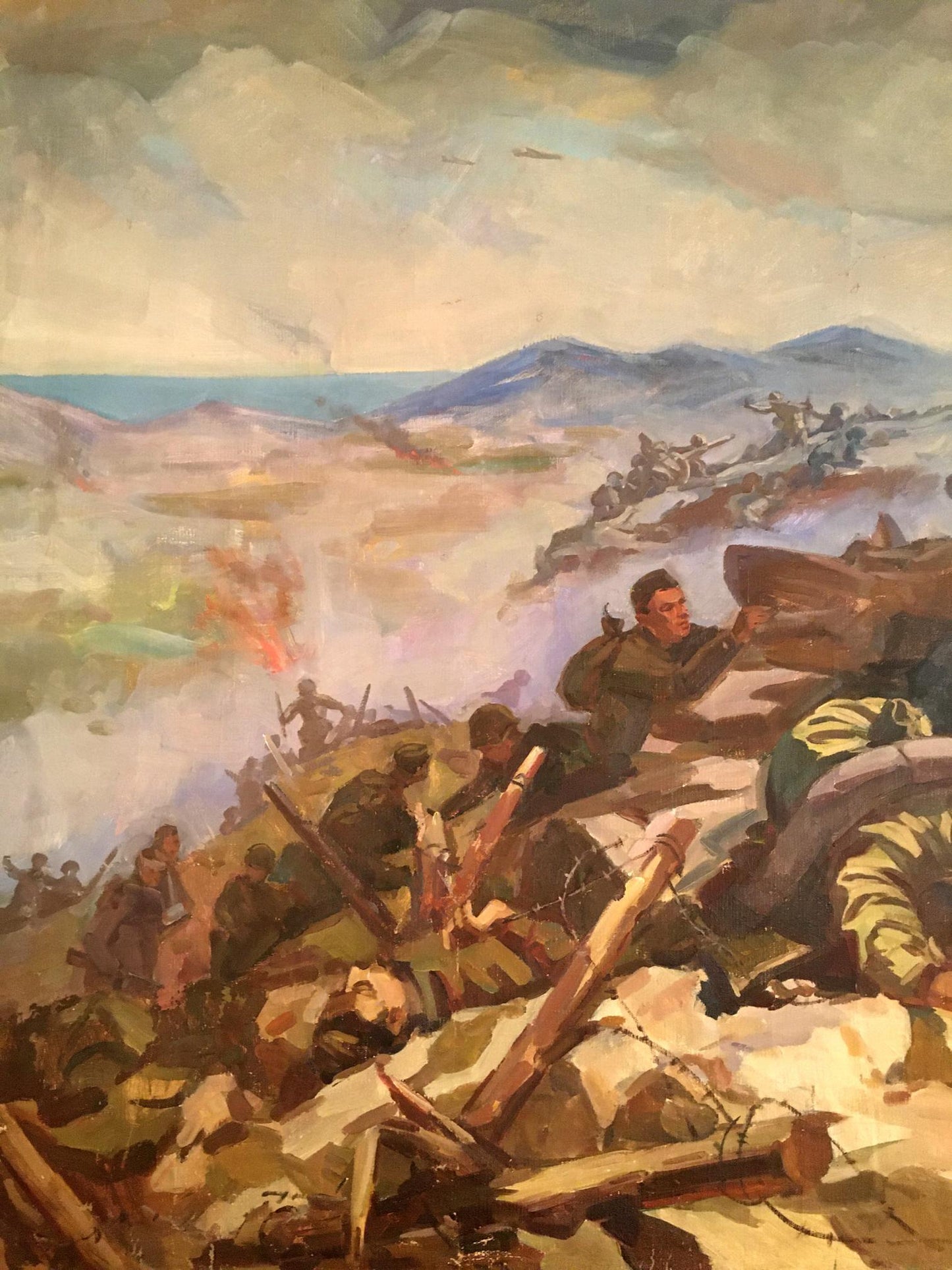 Oil painting by Strelov Arkady Efimovich: warrior in olive-green uniform crouched behind rubble with rifle on battlefield