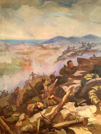 Oil painting by Strelov Arkady Efimovich: warrior in olive-green uniform crouched behind rubble with rifle on battlefield