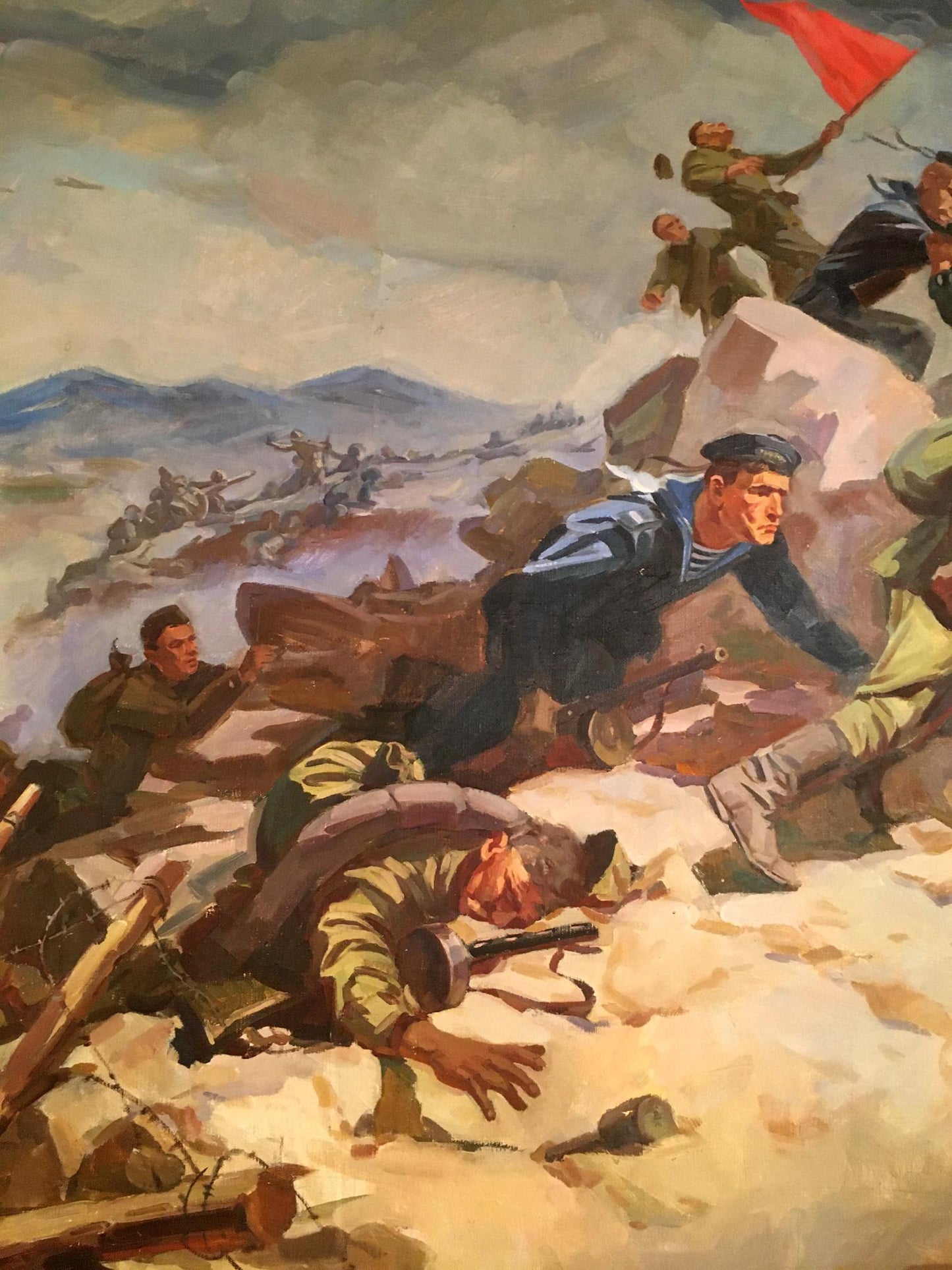 Oil painting Battlefields by Strelov Arkady Efimovich: soldiers advance with red flag