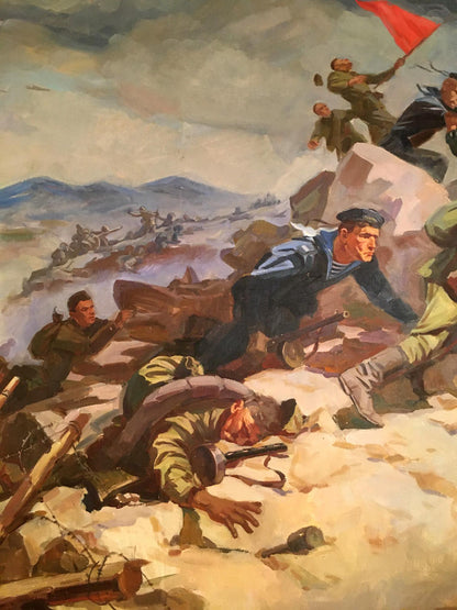 Oil painting Battlefields by Strelov Arkady Efimovich: soldiers advance with red flag