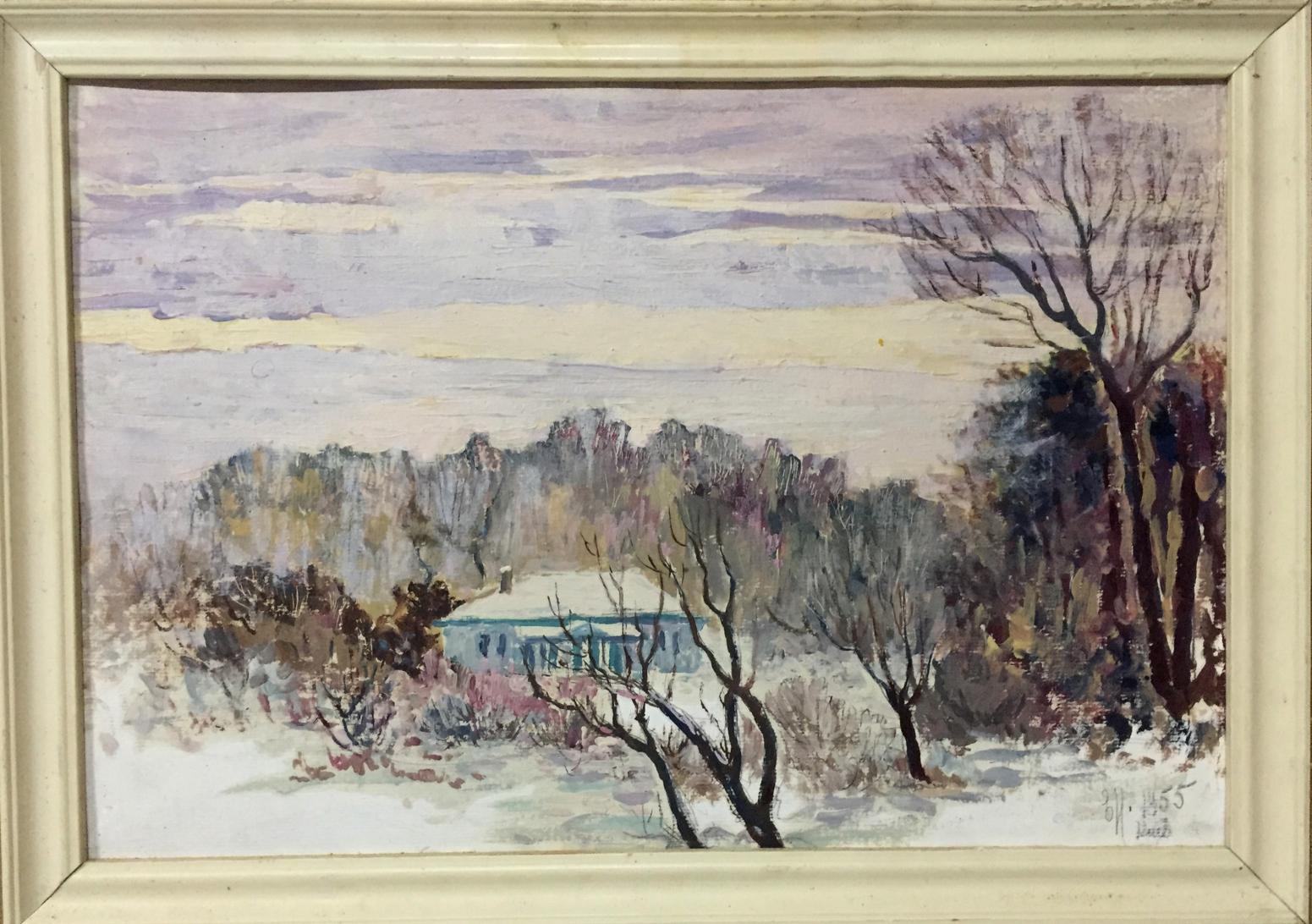 Oil painting Winter landscape Venichenko: snow-covered scene with bare trees