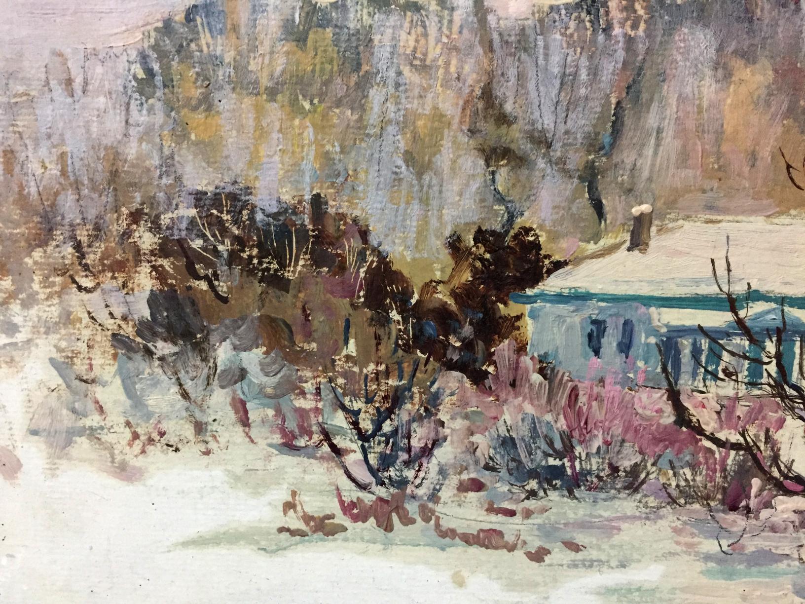 Oil painting Winter landscape Venichenko: snowy scene with blue house
