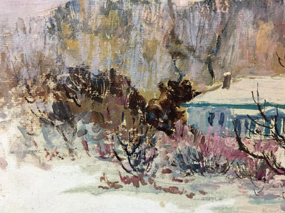 Oil painting Winter landscape Venichenko: snowy scene with blue house