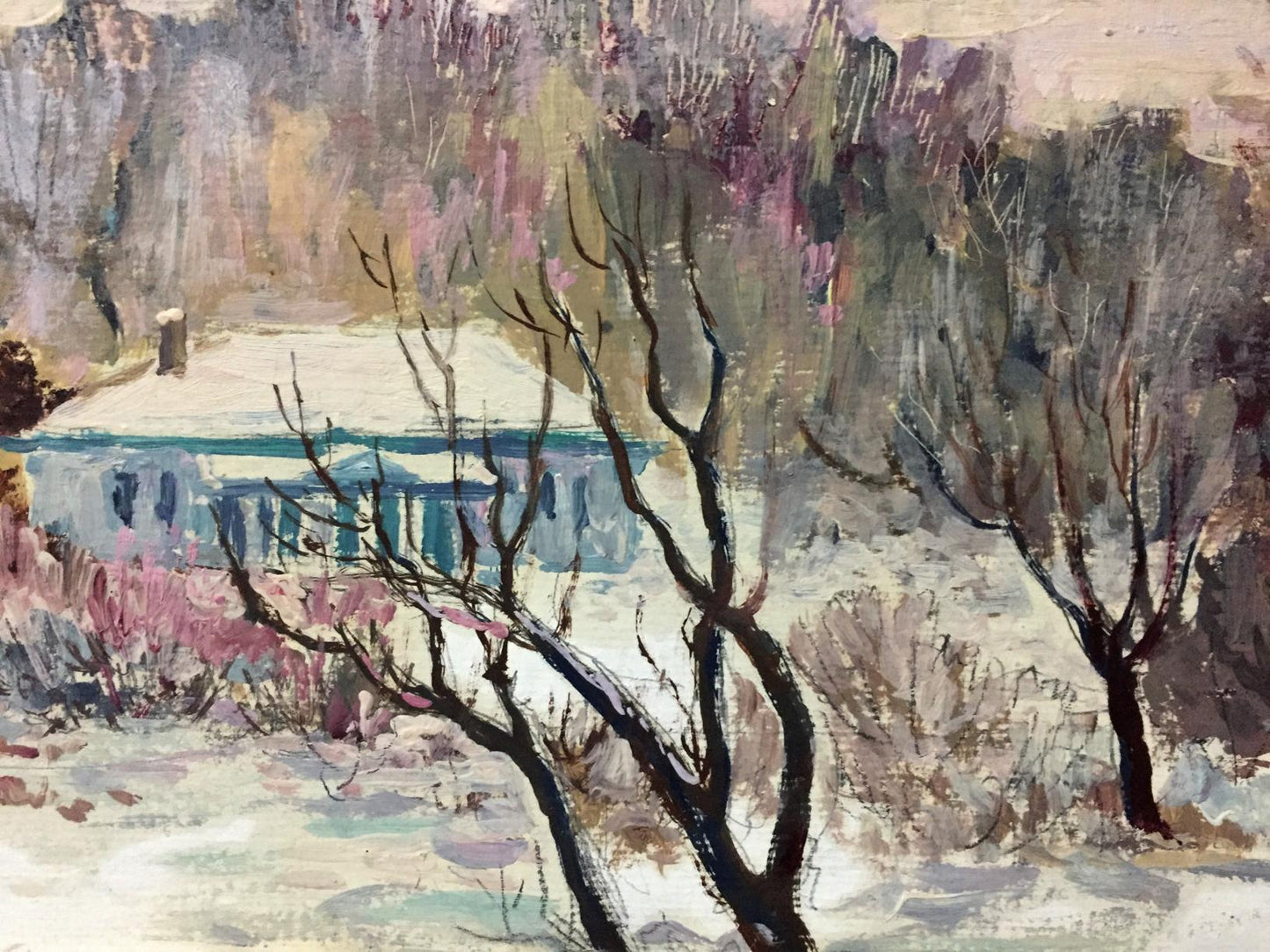 Oil painting Winter landscape Venichenko: snowy scene with white house, blue trim