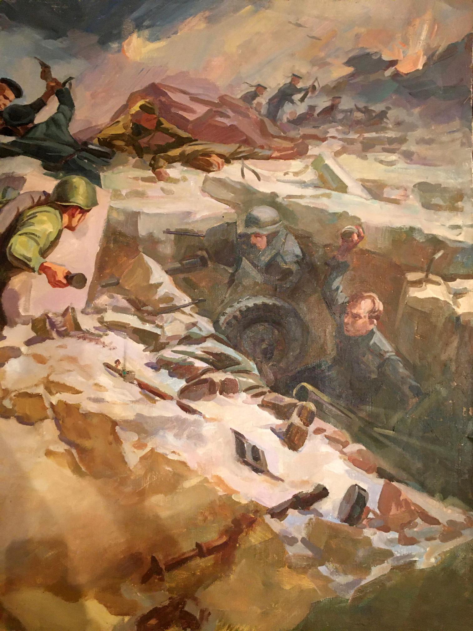 Oil painting of snowy battlefield by Strelov Arkady Efimovich