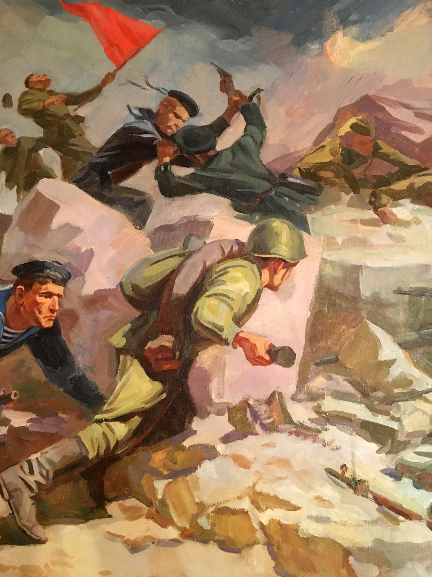 Oil painting by Strelov Arkady Efimovich: soldiers scaling snowy mountain