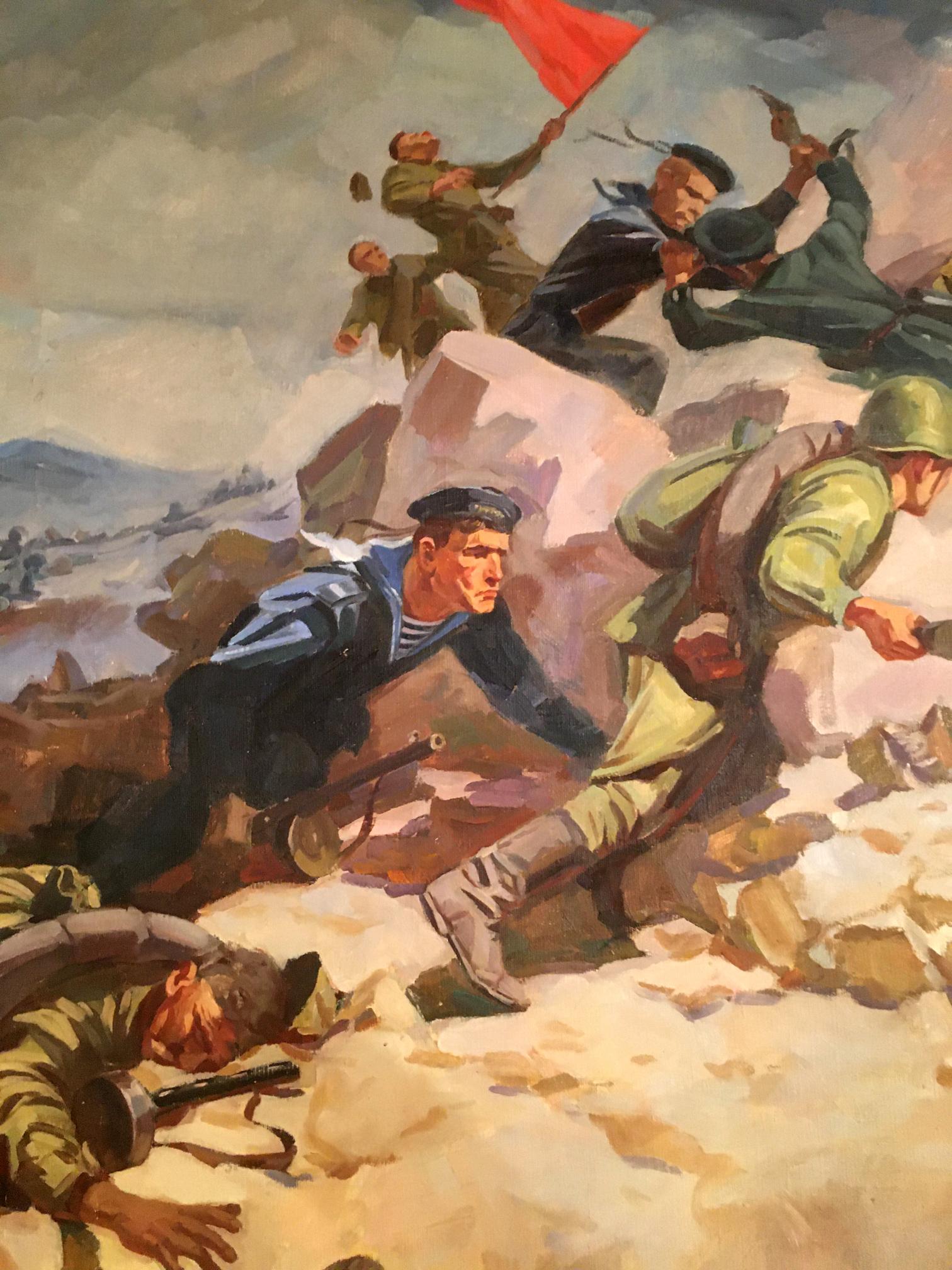 Oil painting by Strelov Arkady Efimovich: soldiers with red flag on rocky battlefield