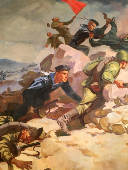 Oil painting by Strelov Arkady Efimovich: soldiers with red flag on rocky battlefield