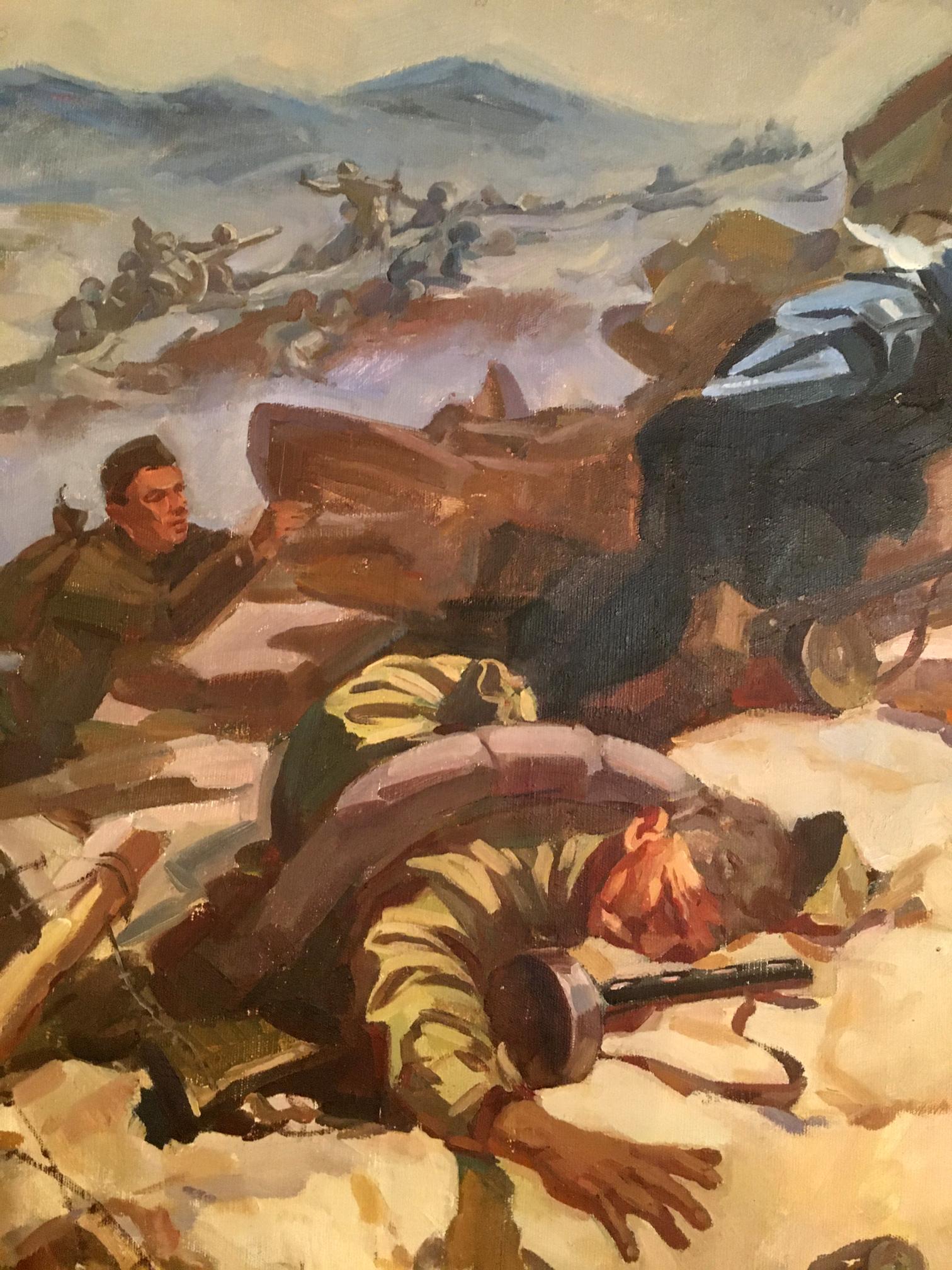 Oil painting by Strelov Arkady Efimovich: prone soldier in snow, rifleman nearby