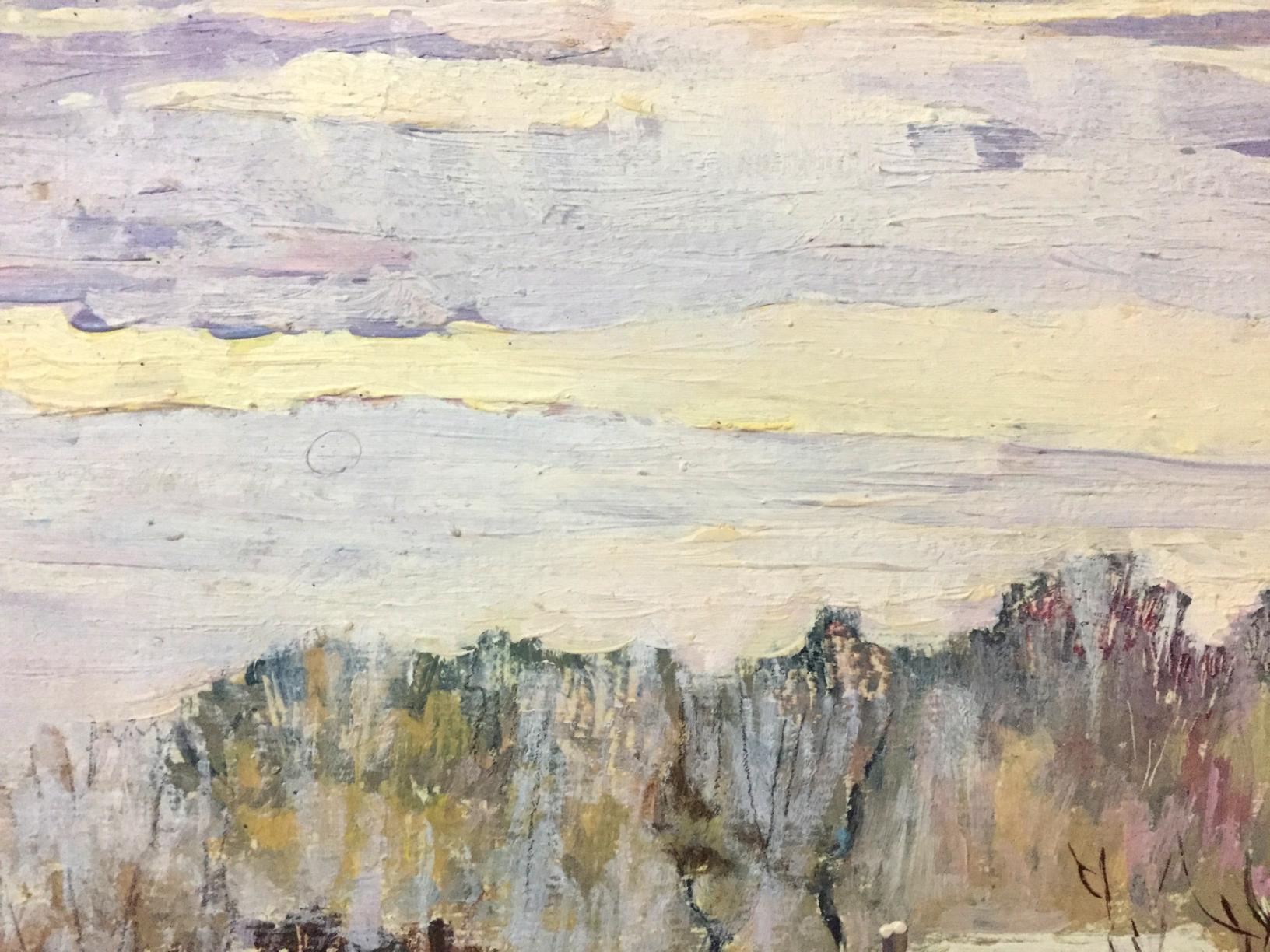 Oil painting Winter landscape Venichenko with lavender sky and muted greens