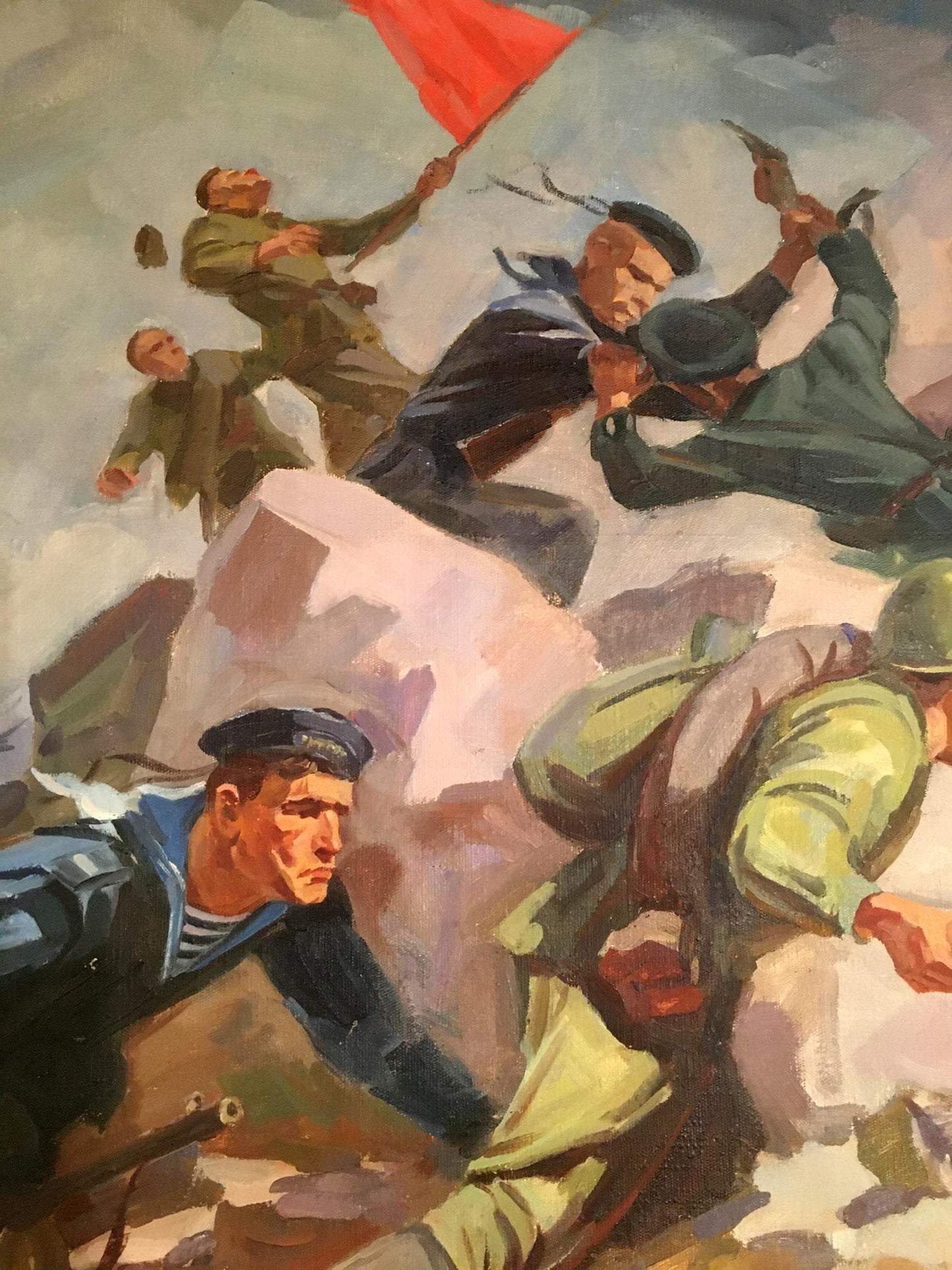 Oil painting by Strelov Arkady Efimovich: soldiers scaling cliff with red flag