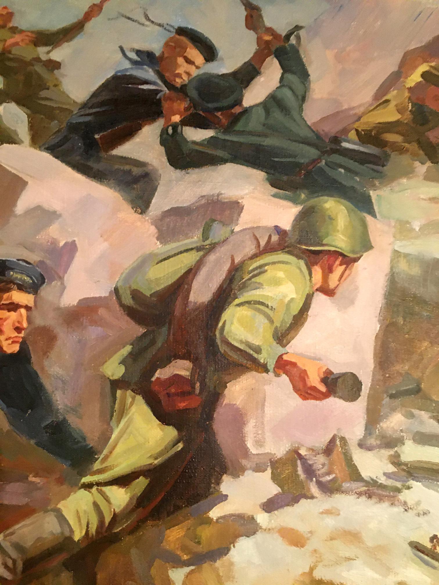 Oil painting by Strelov Arkady Efimovich: soldiers advancing in snow-dusted terrain